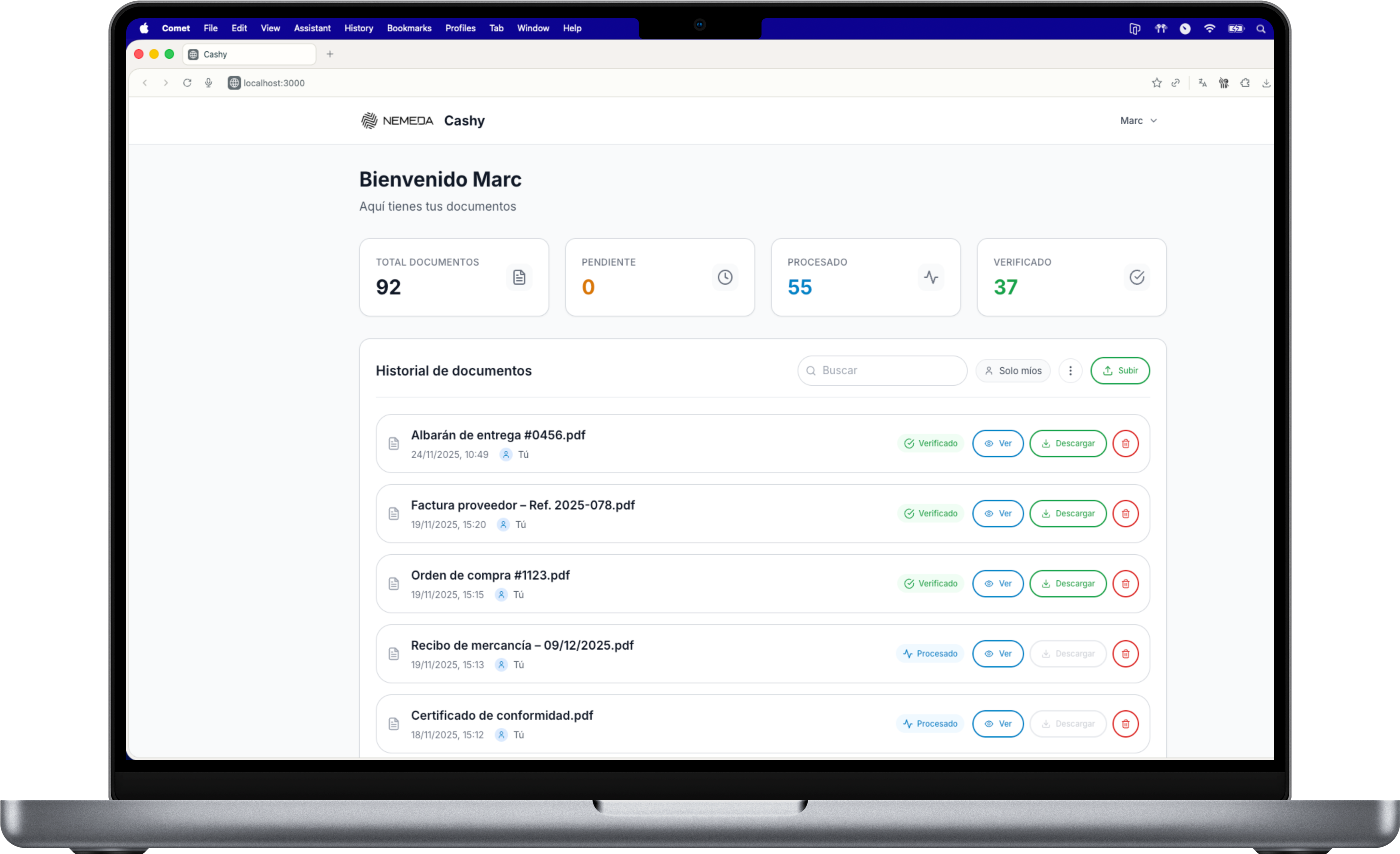 Dashboard web de Cashy